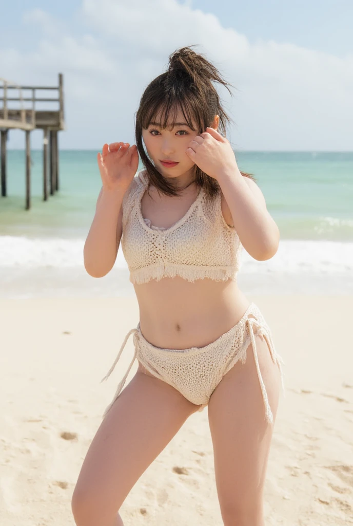 ((best quality)), ((masterpiece)), (detailed), realistic, thaigirl busty walking on the beach