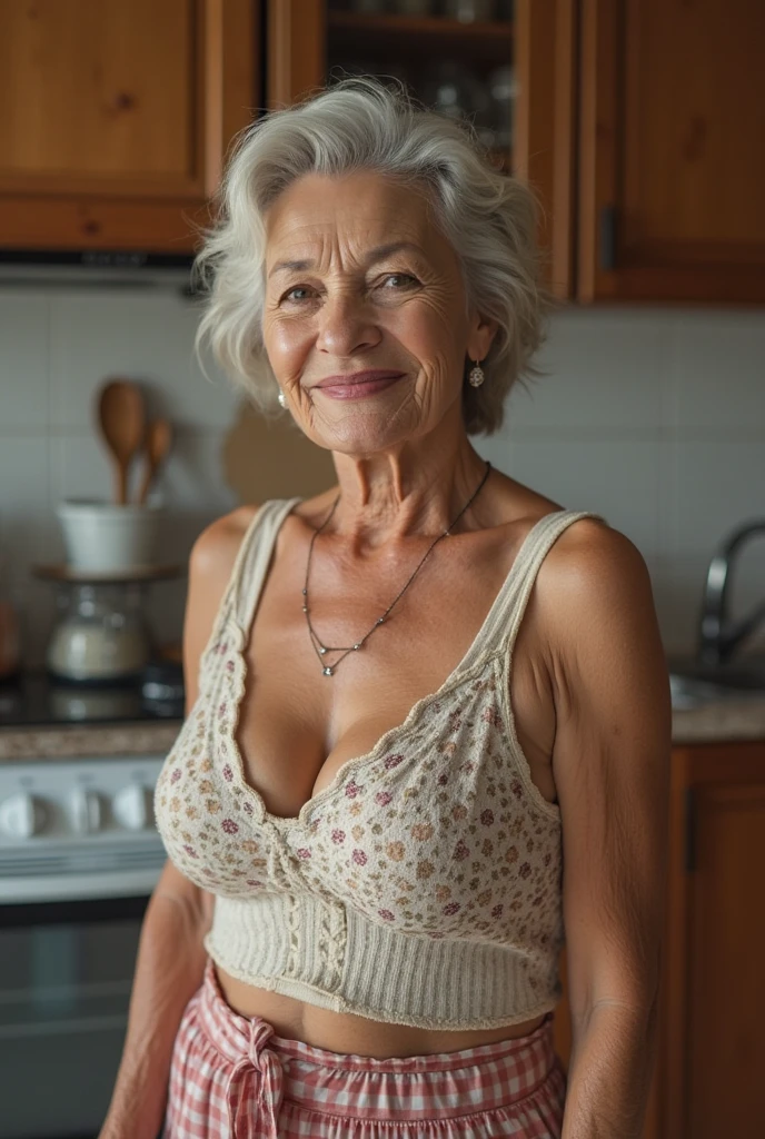 Mature old woman 80 years with hair, plus size, old face and body with many wrinkles, smiling, loose skin, standing at her sunny kitchen, She wearing white mini dress with deep neckline, wearing sexy white mini dress, old face and body with wrinkles, old face, bright makeup, red lips, attractive grandma, a gorgeous old long hair, beautiful old grandma, lovely older mature grandma, gorgeous beautiful grandma over 80 years old, beautiful silver hair grandma, a beautiful old granny