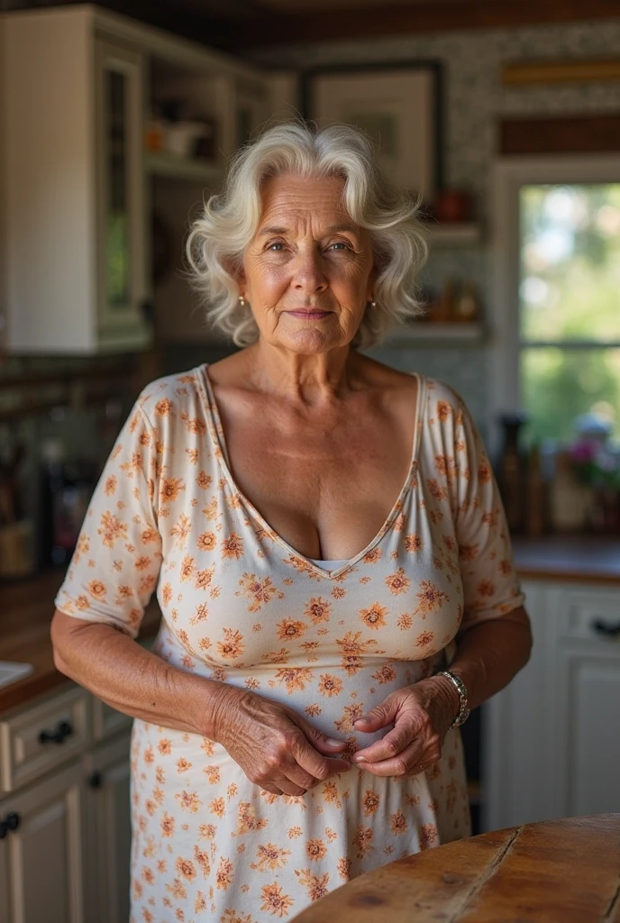 German woman, wearing nightgown, kitchen