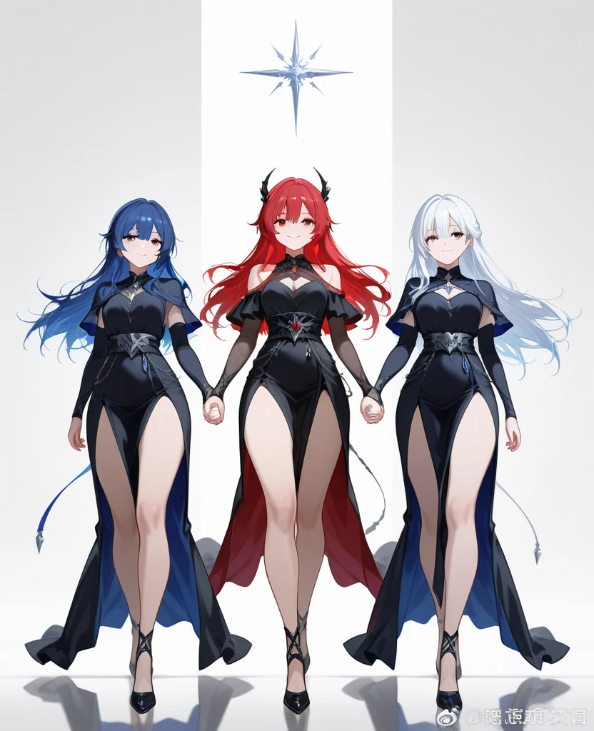 4 girls, variety of hairstyles, ((white background)), (((full body))), multiple views, dragon horn,  thong, cleavage, short tie, sleeves, highleg,