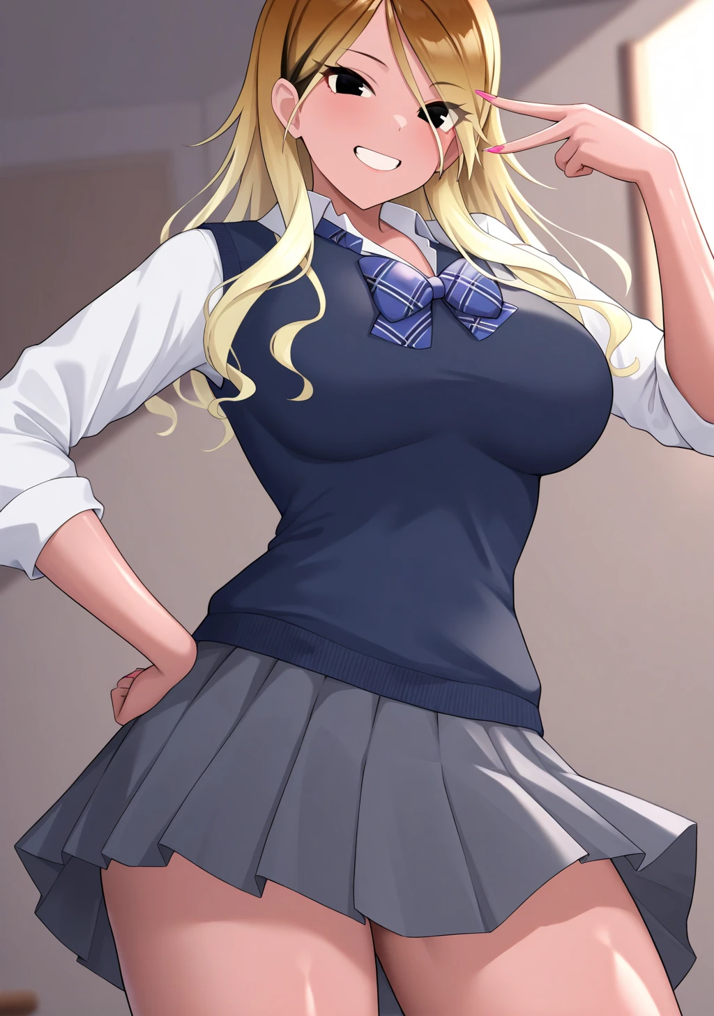 1girl,blonde hair, blue eyes, twintail,huge breasts, ,tight shirt, school uniforms,miniskirt,school hallway, sagging breasts,(makeup:1.1),lipstick ,smirk, groin, navel, low skirt, pubic hair peak