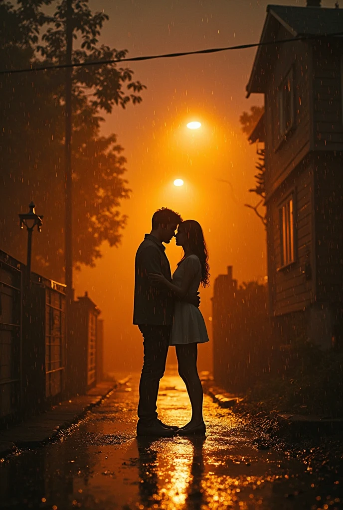 a couple in rain, men holds woman from waist up in the air, wet clothes, rainig, sunset, corner of a lake, car parked by side, romance, --auto