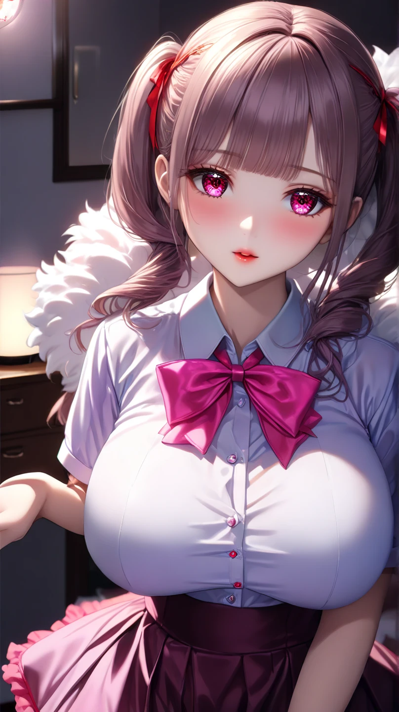 big lips, brown hair, pink eyes, japanese face, gyaru, two side up, huge breasts, wide hips, sexy, pink theme, kawaii, detailed, pink room, decora, bangs, grin, gyaru outfit, kawaii, pleated skirt, punk, goth, pink and black outfit