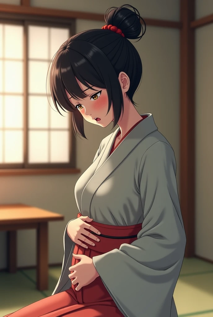 (best quality:1.3), (4k quality),(sharp image), Utahime, ((Detailed face)), ((masterpiece face)),((perfect detailed eyes)) (blush), Utahime, dark hair, long dark tied hair, brown eyes, pink lips, pink lips, sly face, face with stern features, ((detailed face)), perfect face, highly detailed eyes, masterpiece, absurdres , (intricate details), (colorful),cinematic lighting, extremely detailed CG unity 8k wallpaper , 1girl, solo, mature female, erected tits, fit body, cameltoe, white kimono with long red skirt, (tricky glance, wicked smile), living room, ((perfect small erected breast)), ((kneeling and showing her big sexy ass, under the skirt(upskirt))), from behind bottom