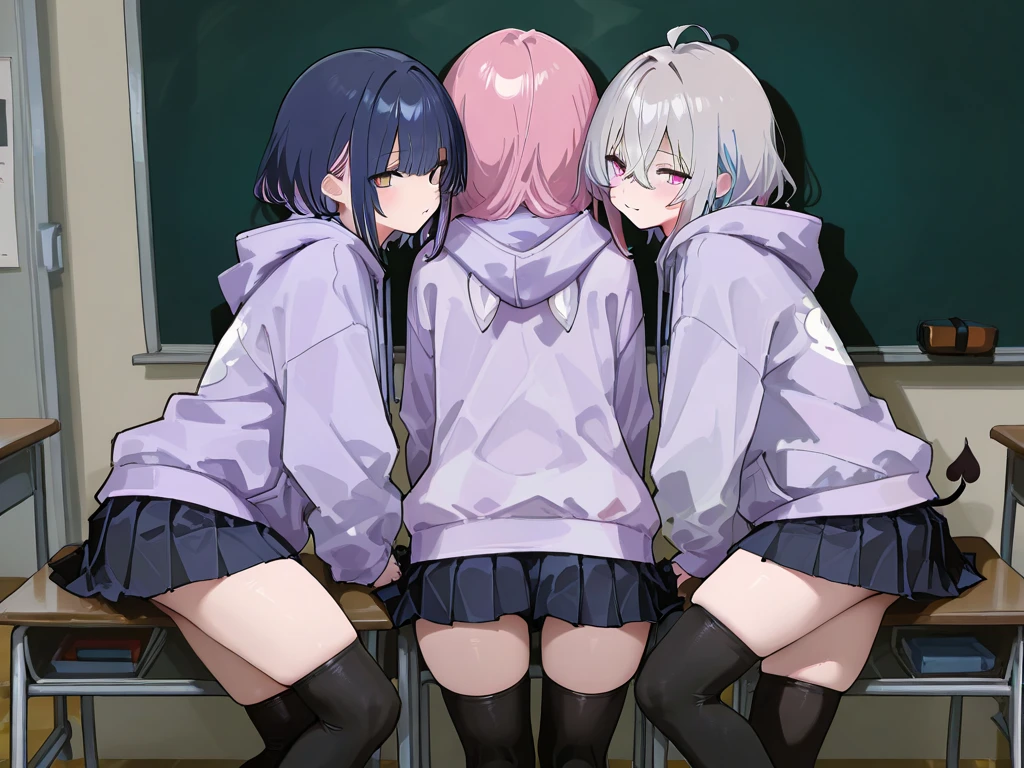 highest quality、masterpiece、((2 girls:1.5))、((Ahoge))、(blush:1.5)、(smile:1.5)、((fun!!))、cute、()、、high school girl、((classroom:1.5))、()、、Kamimei、look at me、(No panties:1.3)、((shaved pussy:1.5)), ((red bow tie, , black jacket, open jacket, white cardigan, white shirt, black skirt, plaid skirt、black socks))、 (No panties:1.3)、((shaved pussy:1.5))、(highly detailed closed labia:1.5)、((pee is coming out:1.8))、peeing、