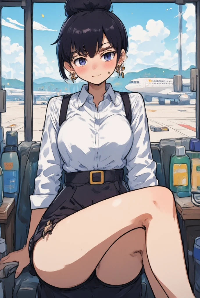 Chubby thic mature japanese wife, brown long hair, Brown eyes, black sexy dress, inside 747 aircraft, sitting on aircraft chair with husband, smiley expression,reading a magazine, high heels, Golden chain anklet
