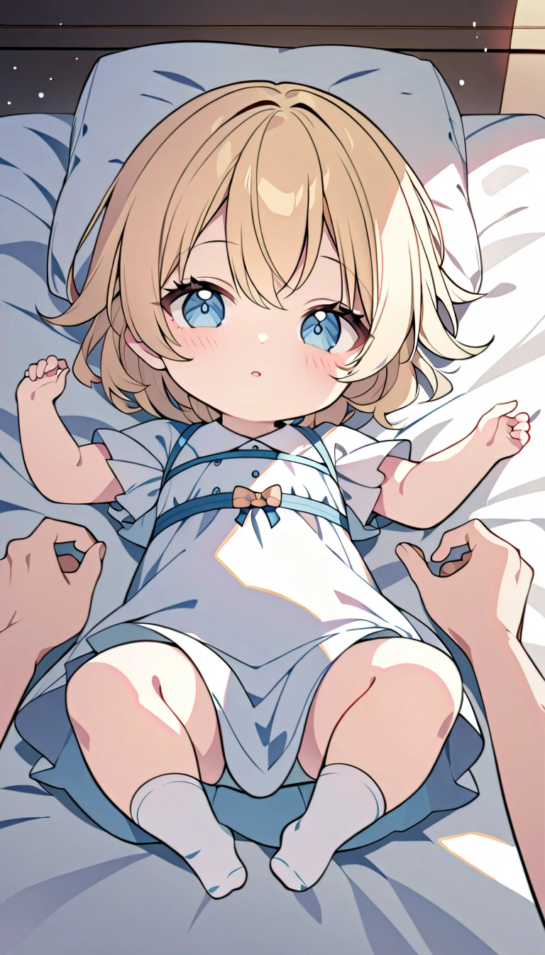 1 girl, blonde hair, blue eyes, infant, baby, white dress,  on the bed, solo