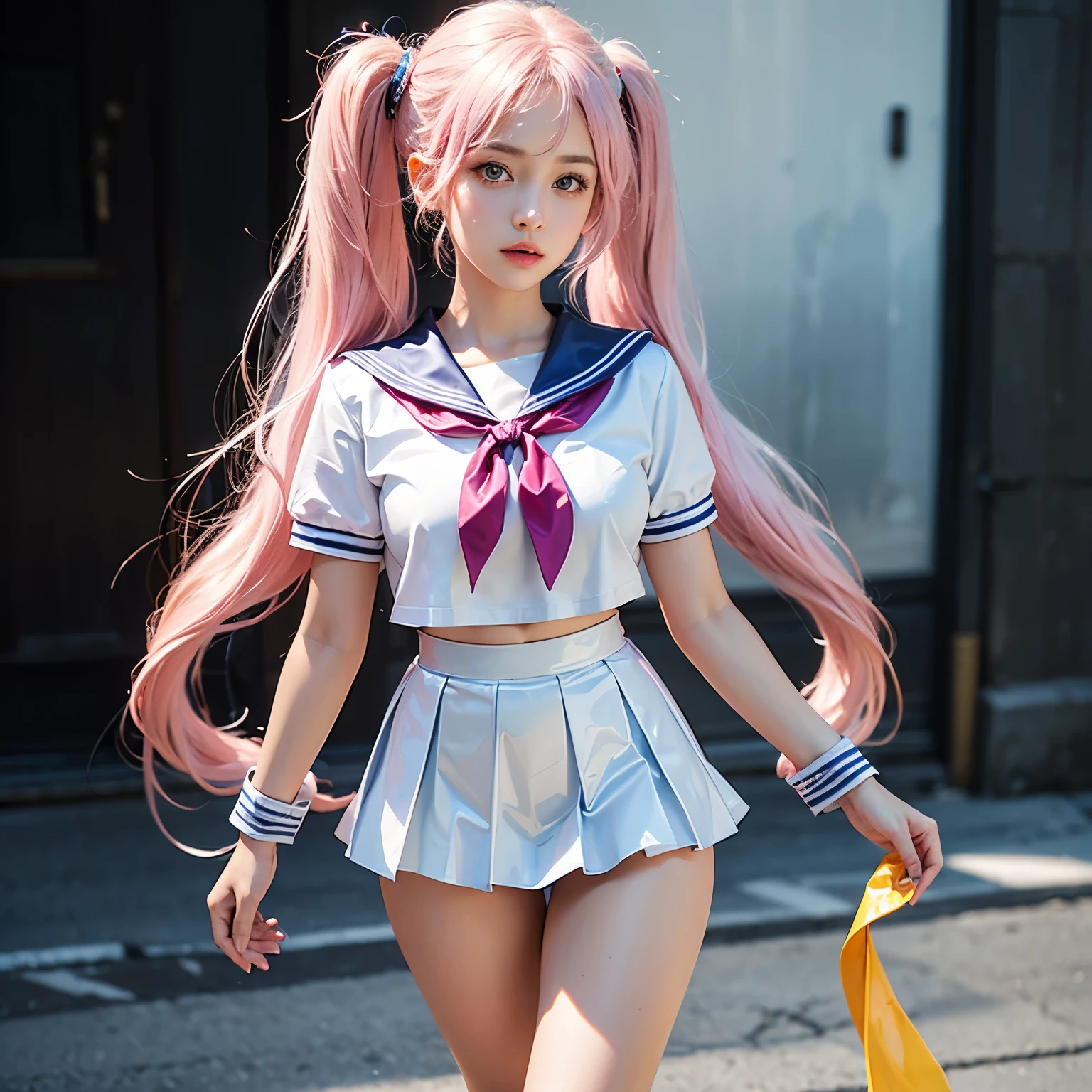 Perfect human body modeling, 1girl, small breasts, beautiful girl, cute girl and idol face, young face, smile, Beautiful long pink hair, twintails, Beautiful shining red eyes, white skin, Short body, Japanese Summer School Girl's Uniform, girls' sailor student uniform, sunlight, under the sun,