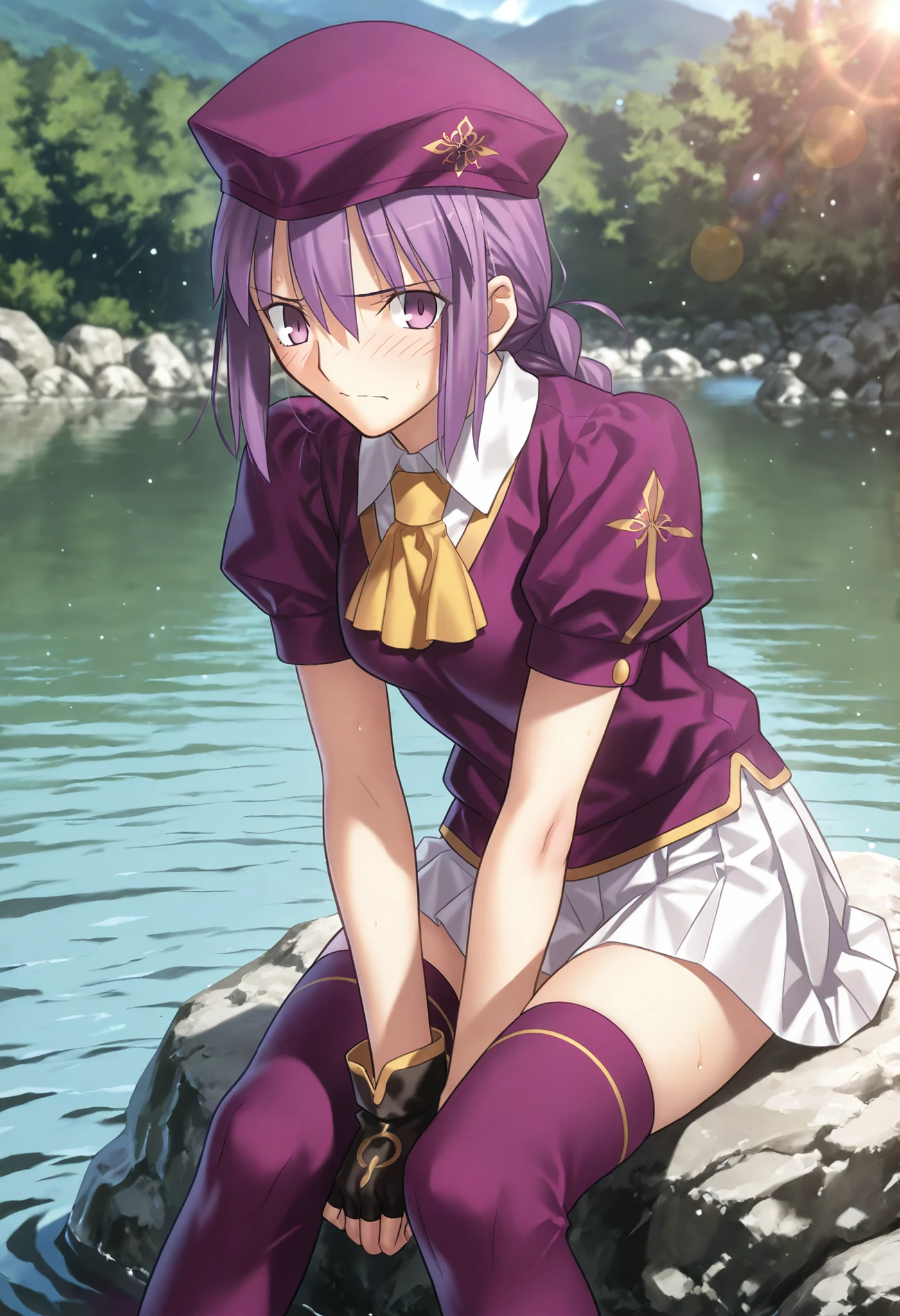 masterpiece, , absurdres, highres, detailed background, high resolution, masterpiece, necessary, detail, best quality, quality, necessary, details, High details, Precise, 8k outdoors, (colorful light particles, powder light, lake ), day lens flare, blurry background, from above,
1girl, Takeuchi Takashi (type-moon,tsukihime) style, takeuchi takashi style, (aged up:1.5),(bent over), sitting on rock, long thighs, ,(arms between legs), (panicking, scowls, light embarrassed), closed mouth,
girl, (slender body, slim arms, slim bod), (Sion) Eltnum (Atlasia) ,sion eltnam atlasia,(fate), purple hair , purple eyes, half-closed eyes, tsurime, hair between eyes ,long bang, long hair , braided hair , braided ponytail , yellow ribbon , EltnumOutfit ,small breasts, light purple sweater ,puffy short sleeves, collared undershirt , white undershirt , undershirt , yellow ascot ,(short sleeve), ,white skirt ,miniskirt, gold trim ,purple thighhighs ,single glove ,fingerless glove, black glove ,dark purple beret, looking at viewer,(small breasts), , ,