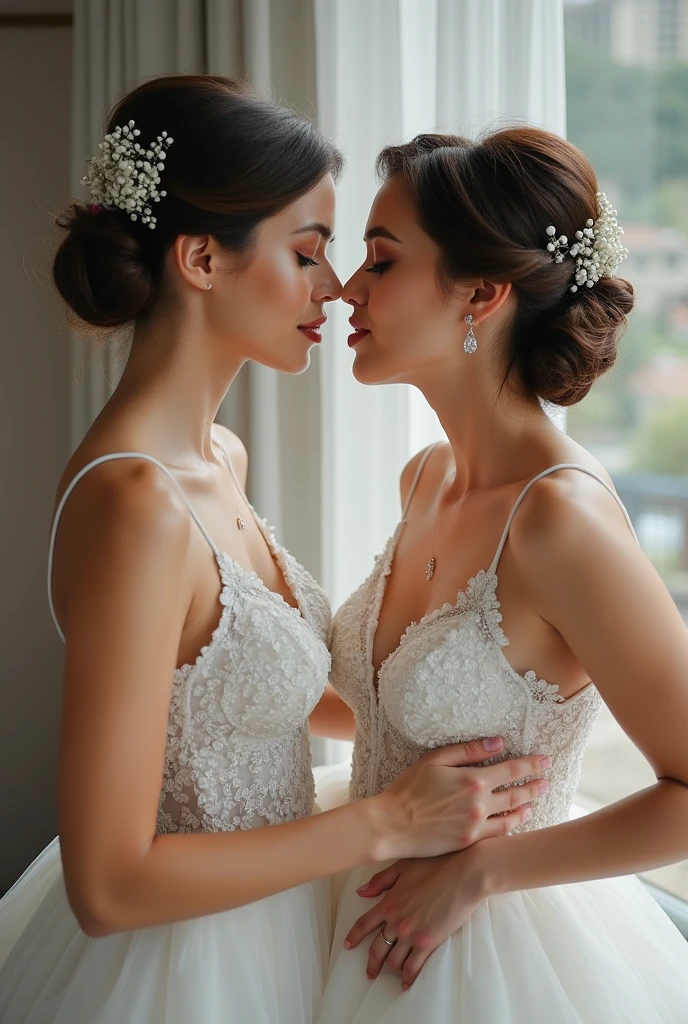 Two peerless beauties kissed each other,voluminetric lighting