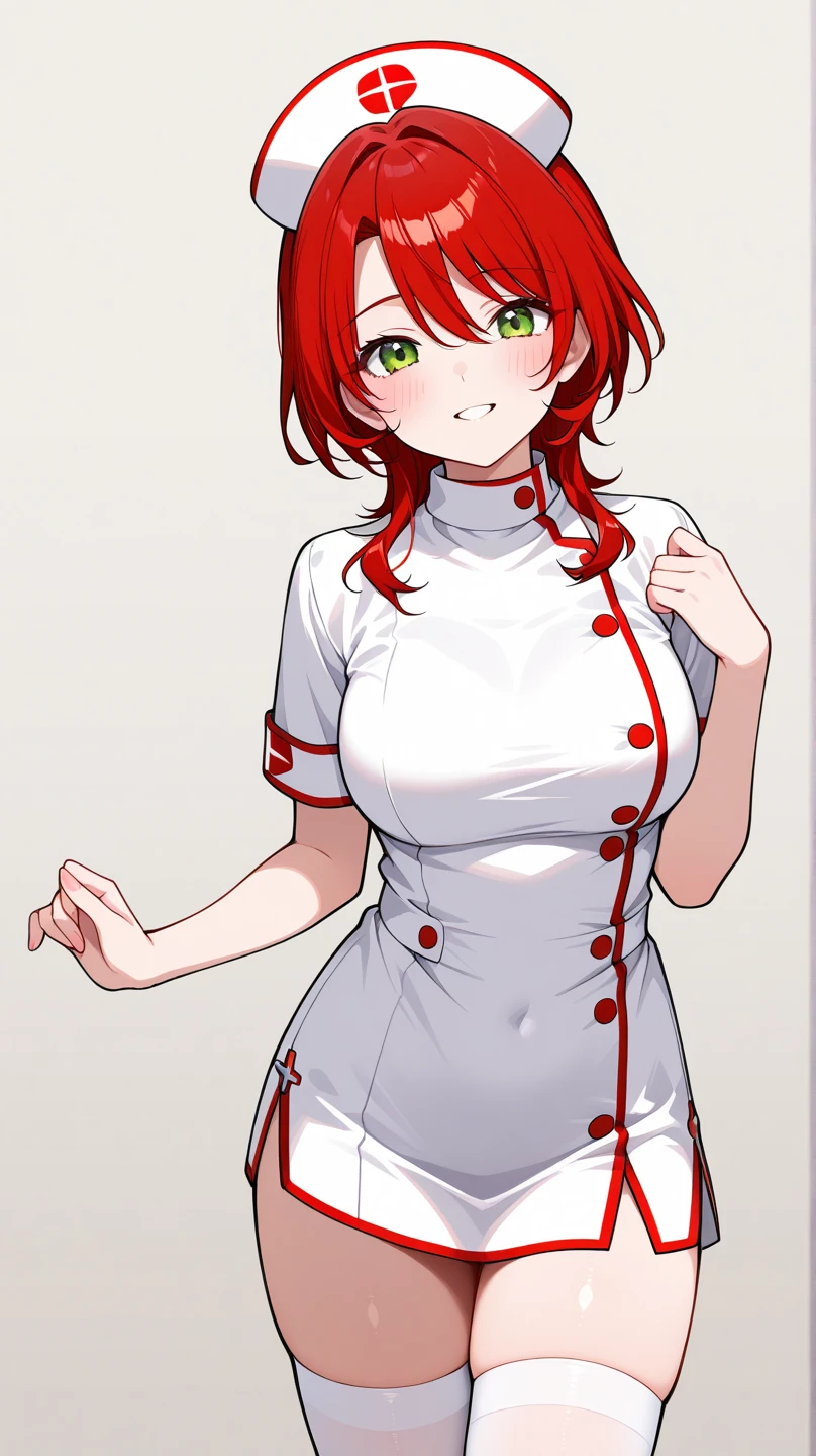 1 Girl, Small Breasts, Green Eyes, Heart Eyes, Deep Red Hair, Short Hair Style, Pale White Skin, Smooth Skin, Face Freckles, Slutty, Sexy, Sassy, Smirking, Tease, Teasing, Teasing, Sexy Pose, Young Girl, Very Small Girl, 8 Years Old, Dressed Like a Slutty Nurse, cameltoe, pubic hair, small panties