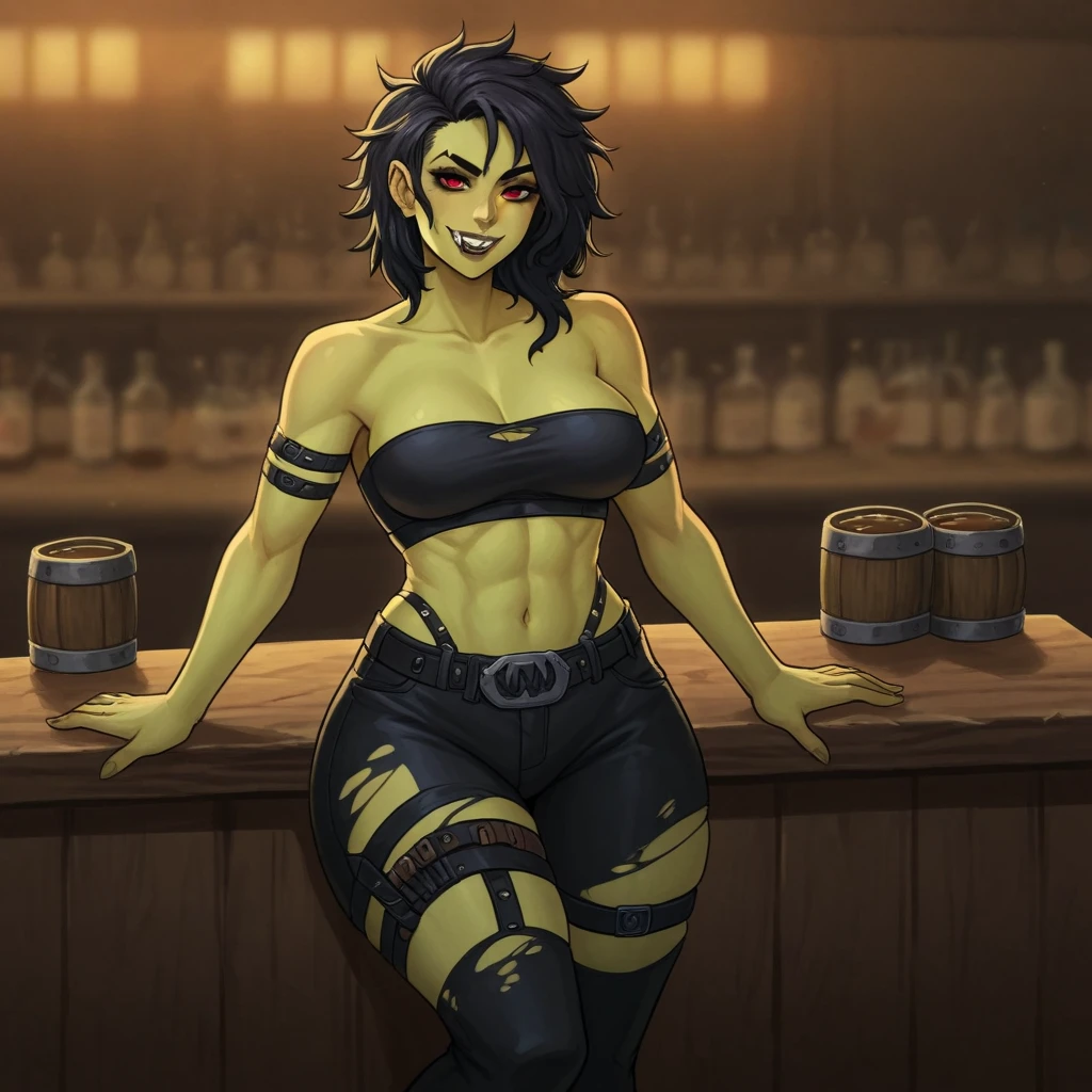 score_9,score_8_up,score_7_up,rating_explicit, source_anime, 1girl, solo, nishizumi shiho, blunt bangs, flashing tits, excited, looking at viewer, spiked choker, posing in bar, smug face, horny, drunk, inviting to join, microbikini, succubus, horns, green skin, puffy nipples, tiefling woman