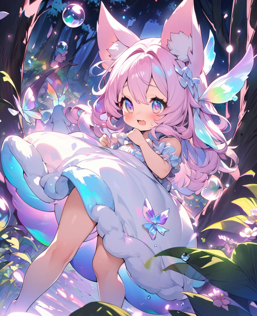 best quality, super fine, 16k, extremely detailed, 2.5D, delicate and dynamic, adorable fantasy story, huge group of forest cute fairies, fluffy and round like furballs, with ears and eyes, overflowing with their bodies, hopping through the forest, transparent and translucent iridescent bubble, sparkling frame made of pastel polka dots, cute effects, iridescent, pop art
