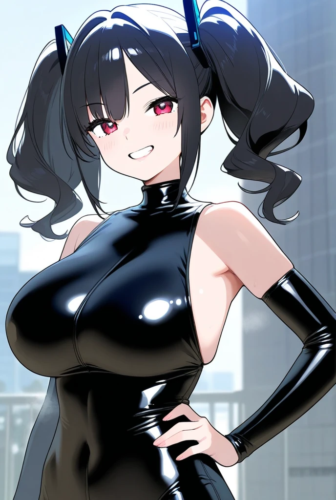 (best quality,4k,8k,high resolution,masterpiece:1.2),super detailed,(actual,realistically,realistically:1.37), Ultra high definition face, A woman wearing a black latex bodysuit posing for a photo, Dark blue long hair, Sleek black skintight suit, Spandex tight suit, V-chest clothes, black bodysuit, clavicle, cleavage, large breasts, large , biggest breast, huge breast, Thin waist and thick hips, hourglass figure, wide pelvis, Pelvis larger than shoulder blades, fitness model, rosy cheeks, sweat, Alley at night, It's raining, night, dim lights