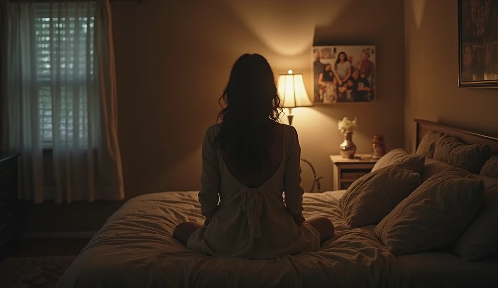 Her back to us, she's sitting on her bed, nighttime, dark in the room, brown hair