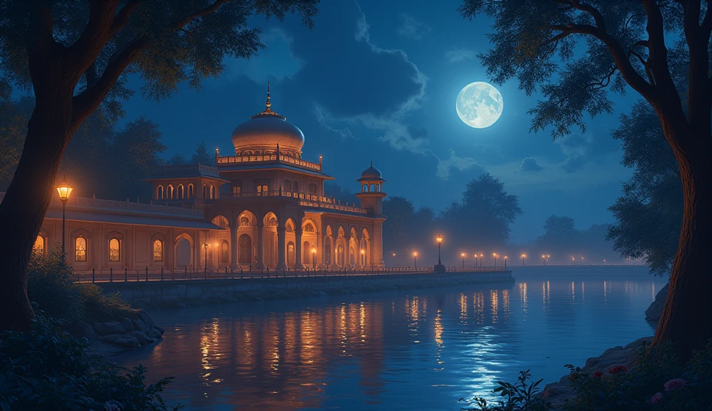 Palace by the lake, full moon and heat haze combine, mystical atmosphere, ornate palace, reflective water, ultrahigh definition, 3D depth, inspired by Leonardo da Vinci, Rembrandt, J.M.W. Turner, mesquite