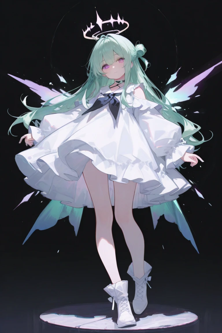 light green gradient hair,asymmetrical hair,((Hair is very thick 1.8,Well-defined head 1.6)), hair past shoulders, messy hair, very long hair, shiny hair,(long gray hair:1.2),a beautiful girl,(Luxury Platinum Mini Ultra Short Platinum Lolita,Made of transparent material),(Transparent clothes transparent 1.8),Perfect body,big thin legs,slim,(looks sad,Looking haggard ,sad,shut your mouth:1.2) Against the backdrop of an unusually bright dark starry sky,(Put your hands behind your back),(round,Room, firm breasts),barefoot,float,water surface,(long legs,long legs,long legs,Gestalt),full-body shot。standing posture