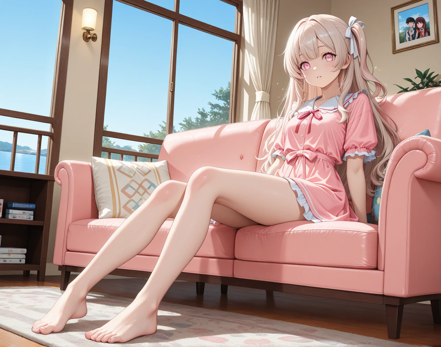 Dynamic posing, dynamic angle, Arrange pose,Top quality work，Show Legs，((short wavy Creamy Golden Blonde hair)),(Creamy Blonde hair),(short hair),(wavy hair),(golden eyes), ( 16 years old), lovely red lips, Rose cheeks, Pretty Face, A perfectly proportioned face, ,  white stockings，，full-body view， amazing, Large round chest、Beautiful eye details、Beautiful eyelashes、beautiful double eyelid,  with blush cheeks, talking to viewer, anime vtuber full body model, casual real life,(((pajama challenge)))