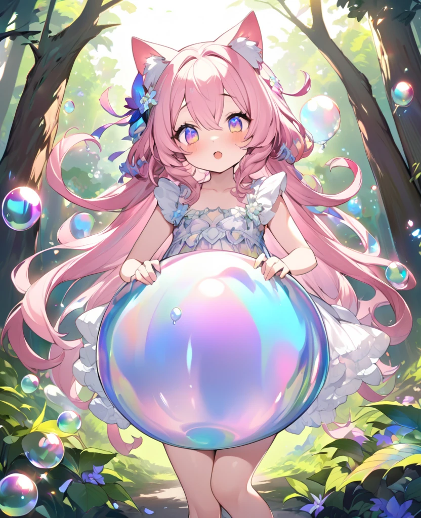best quality, super fine, 16k, extremely detailed, 2.5D, delicate and dynamic, adorable fantasy story, huge group of forest cute fairies, fluffy and round like furballs, with ears and eyes, overflowing with their bodies, hopping through the forest, transparent and translucent iridescent bubble, sparkling frame made of pastel polka dots, cute effects, iridescent, pop art