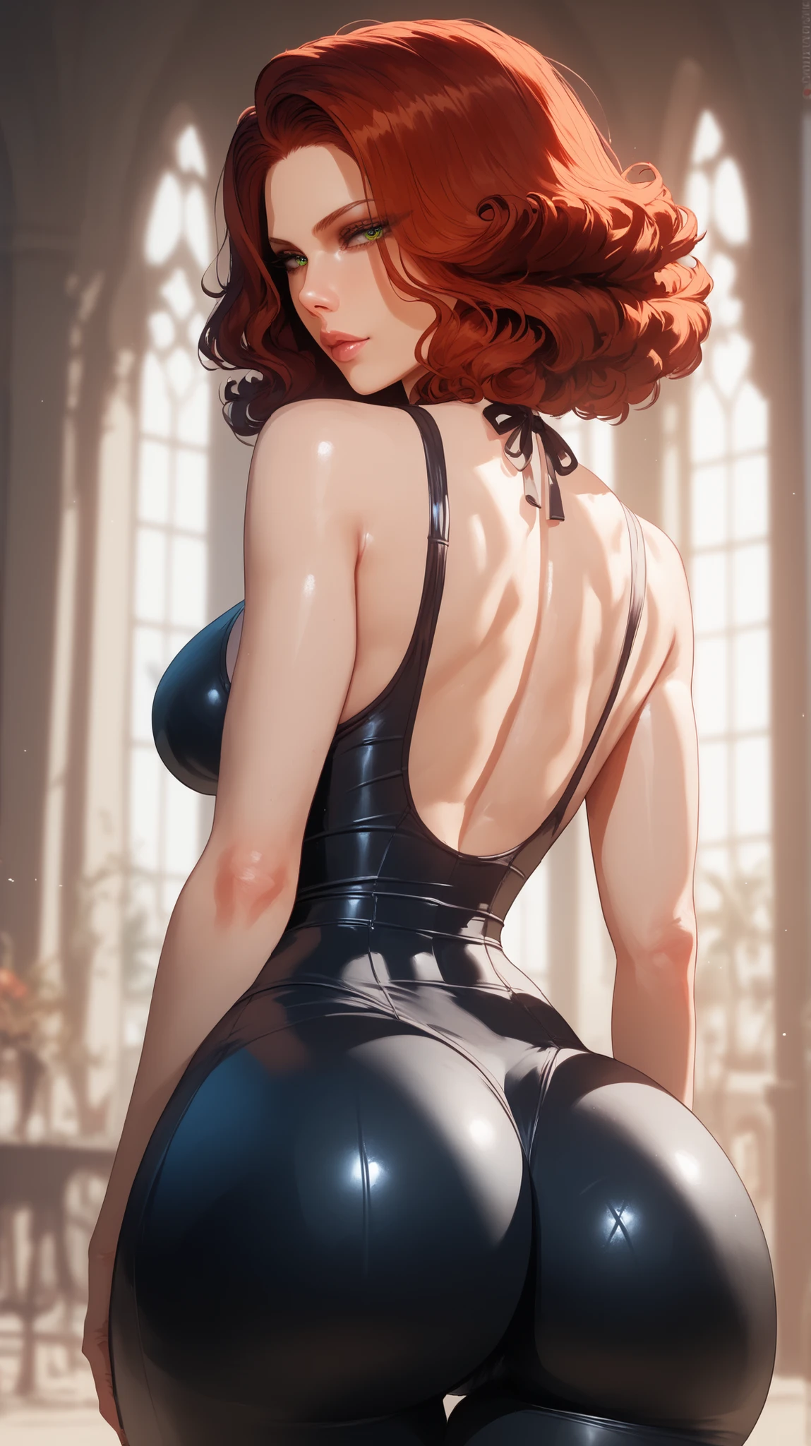 (whole body:1.5),octane rendering, 8K, best quality, masterpiece, illustration, extremely delicate and beautiful, detailed,extremely detailed,CG,Unite,wallpaper,Astonishing, fine details, realistic art: 1.2 ,masterpiece, best quality, official art, extremely detailed CG Unite 8K wallpaper,1 girl, 16 years old, standing, in a fancy club, vaulted roof,,wearing corset and metal collar and cat ears and a cat tail, at night, skinny body, seductive facial expression,, wide open eyes, green eyes, orange hair with bangs, red lipstick, blushing,pretty symetrical face, shiny wet skin, oiled skin, white skin, lots of freckles, pale complexion, thin waist, narrow hips, long legs, skinny body, small breasts, , Realistic photos, (hiqcgbody) ,perfect female figure, facing away from viewer, looking back over shoulder, showing ass