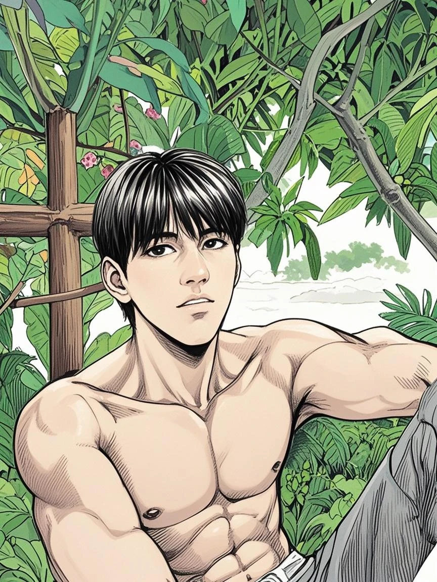 anime handsome asian man, half-naked, grass vine twining around the body