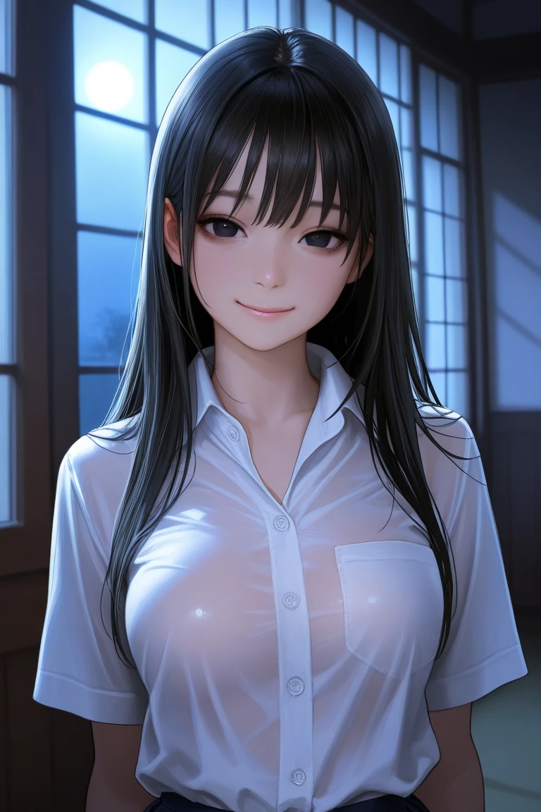 high quality, (one 25 years old japanese wife), (detailed brown eyes), (black long hair), (shiny skin), (detailed puffy nipples), (large breasts), (wet shirt), (horny),