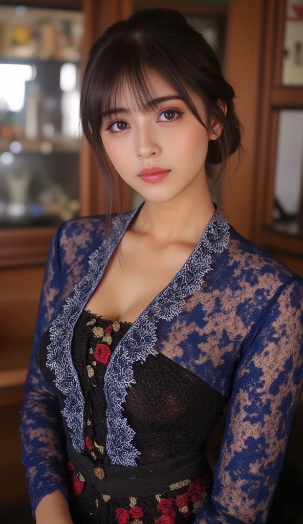 highest quality、8k quality、20-year-old woman covering her breasts with her hands、Belly Dance Costumes、Photoshoot on the bed、Beautiful thighs、Soft breasts、Looking up at the photographer、Shot from the top of the front、Well-groomed, mature face、Beautiful cleavage、Tall and small face、Up ponytail