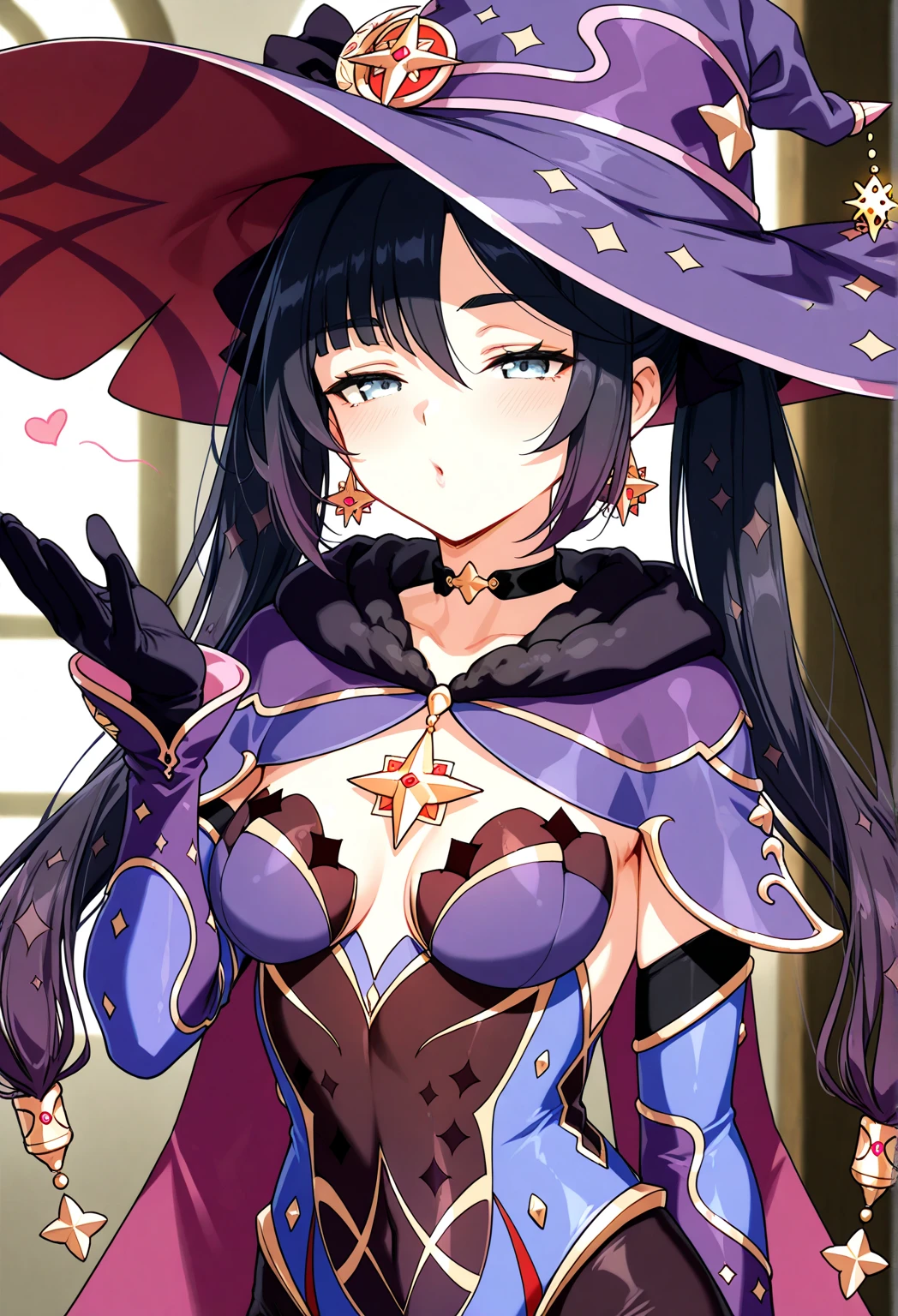 anime girl in purple dress and hat posing for camera, flirty anime witch casting magic, pretty sorceress, black - haired mage, extremely detailed artgerm, beautiful sorceress, witch girl, a beautiful sorceress, ! dream artgerm, witch, bright witch, witch academia, like artgerm, mighty plump female sorceress