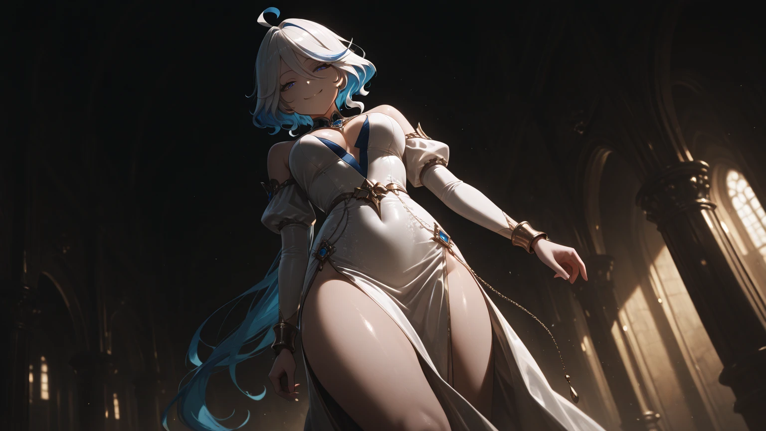 1girl, yellow eyes, long hair, white hair, sitting, , flat breasts, topless, light smile, arms behind back, nature, hair ornament, animal ears, , water, (((back view))), ((( barely visible))) anime vibes, (((hands spreading gluteous))) (((white stockings))) with pink hair, on a desk, hands on desk, leaned forward, (((ass out))), tiny thong Thin waist: 1.7,ultra realistic 8k cg, masterpiece, ((ultra detailed background, delicate pattern, intricate detail)), (highly detailed, fine details), best quality, (photorealistic:1.7),Greasy body, (NSFW:1.7), the perfect body. (sexy eyes) (seductive eyes) (completely transparent plastic top) (suspender stockings, suspender stockings, high-gloss stockings) thighs tightened by high-gloss suspender stockings, flatsoft breasts. Outermost transparent gauze on body,, (flat soft breasts, charming body: 1.8), sit-ups: 1.6, blue hair: 1.9, pink and cyan palette, vaporwave, painting, masterpiece, best quality, ultra-detailed, absurd, portrait beautiful, solo, earrings, jewelry, bikini, smile, sexy belt outfit, tank top, necklace, transparent bikini, sexy, volumetric lighting, best quality, masterpiece, intricate details, realistic skin texture, pixiv, ultra-detailed, artstation trend,oilly skin, wet rosy skin thin waist: 1.6, flatest breasts, transparent clothes, enormous breasts, anime characters, anatomically correct, textured skin。 (nsfw:1.7) flat breasts, The picture is colorful, The brushstrokes of figure painting are multi-layered and rich。