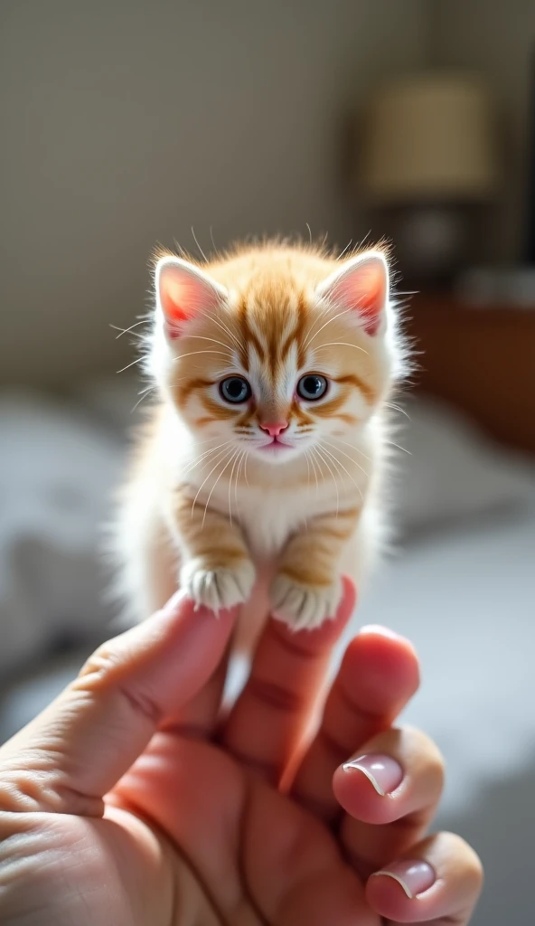 Realistic, hair, Tiny baby fat [Ragdoll cat] Perched on top of a perfect sexy human finger