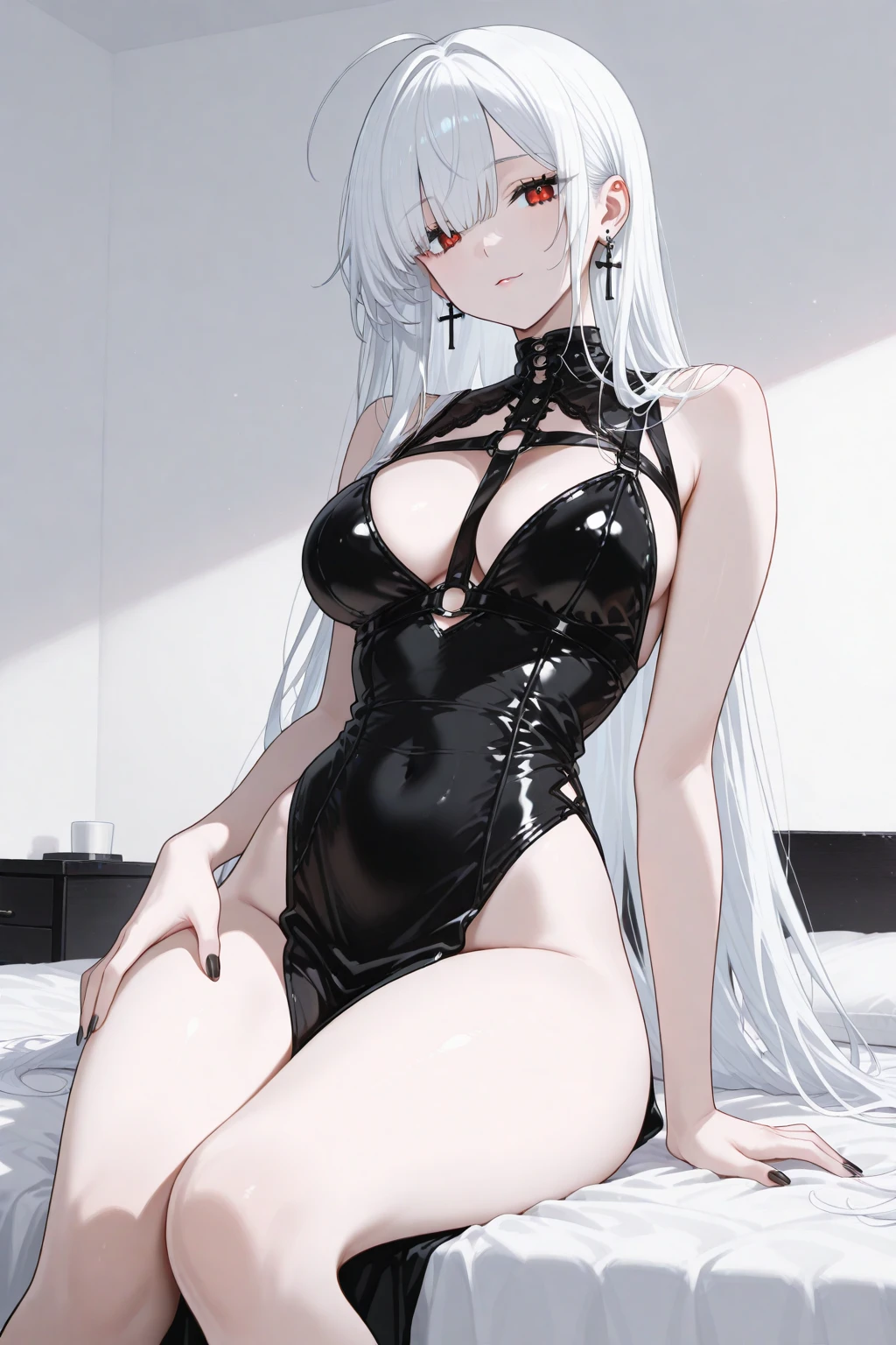 top-quality、Full limbs、complete fingers、1 beautiful woman、sweat、Slender beauty、skinny、(straight haired、white hair、blunt bangs、head tilt:1.3)、((black & white Nurse highleg swimsuit 、covered erectile nipples、very skinny))、cleavage、black nurse hat、White pantyhose、hospitals、Hospital Room、on Patient bed、used condom、(((((vulgarity)))))、spoken heart、(tan:1.6),(light dark skin:1.5)、