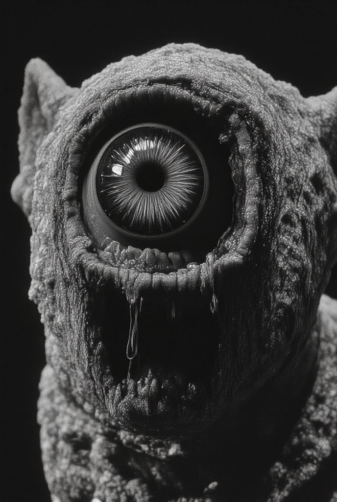 Disgusting, black, unpleasant-looking creature that produces slime secretions with pus and blood, has multiple eyes.