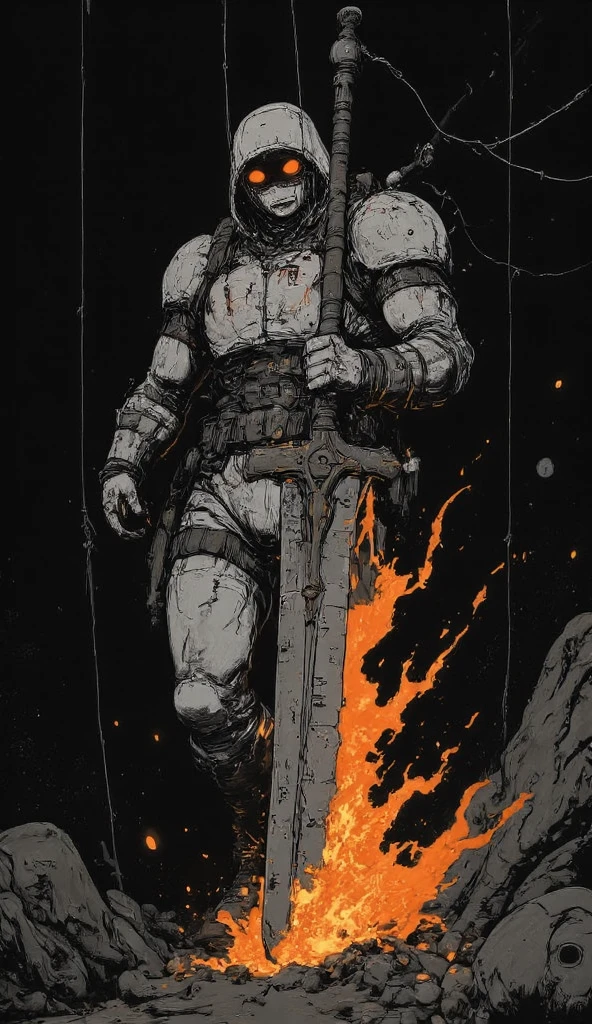 ((best quality)) , ((masterpiece)) , (detailed),weapon, armor, holding, long hair, facial hair, glowing eyes, 1boy, male focus, holding weapon, glowing, sword, outdoors, helmet, braid, teeth, fire, shoulder armor, pants, grey hair, beard, bangs, holding sword, muscular male, white hair,(((Dystopian style, Inconsiderate . Bleak, post-apocalyptic, somber, dramatic, highly detailed)))