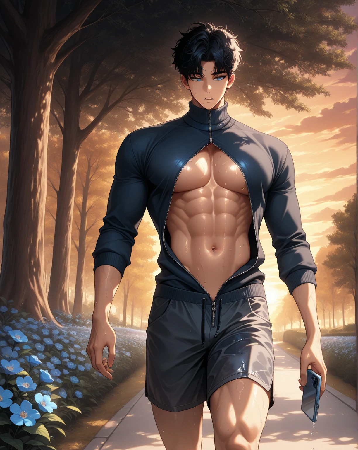 Spring, wild, a ager, male, archaic, muscular, naked, white panties, standing spring, lots of flowers, bare body, bare feet, full body