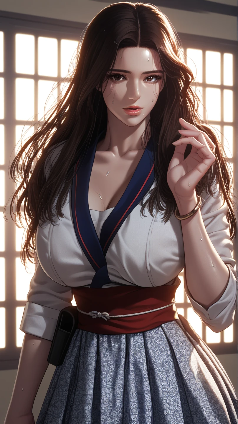 highest quality、bondage、restraint、slim body shape、black haired woman、blush、humiliation、Looking down、medium breasts、Navy blue kimono、off shoulder、Put your arms behind your back、collar with chain、concrete prison