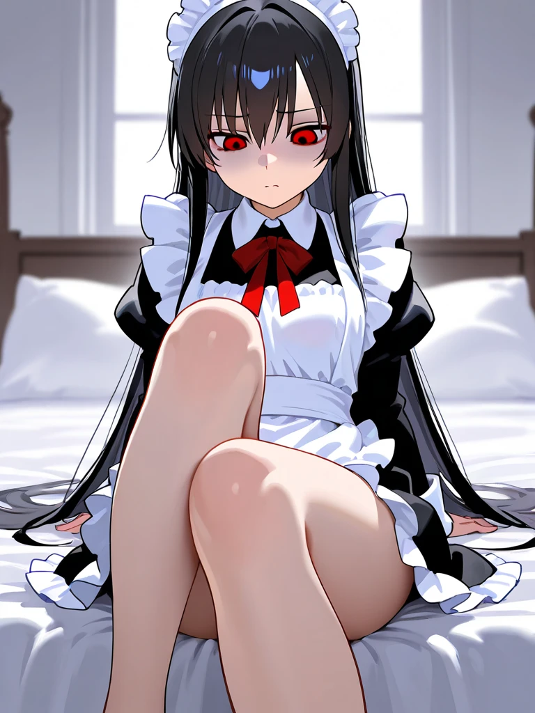 (upper body:1.3),rory mercury, long hair, black hair, (red eyes:1.3), bangs, blunt bangs, hime cut,thighhighs, bow, ribbon, hair ribbon, garter straps, dress, black dress, puffy sleeves, frills, detached sleeves, necktie, red necktie, lipstick, purple lipstick,(chibi),(upper body:1.3),blush,evil grin,(spread legs:1.3),(legs up),masterpiece,Noise Reduction,perfect anatomy,high resolution, ultra-detailed,game cg,dutch angle ,beautiful detailed eyes,visualart,five fingers, perfect hands, perfect lighting,