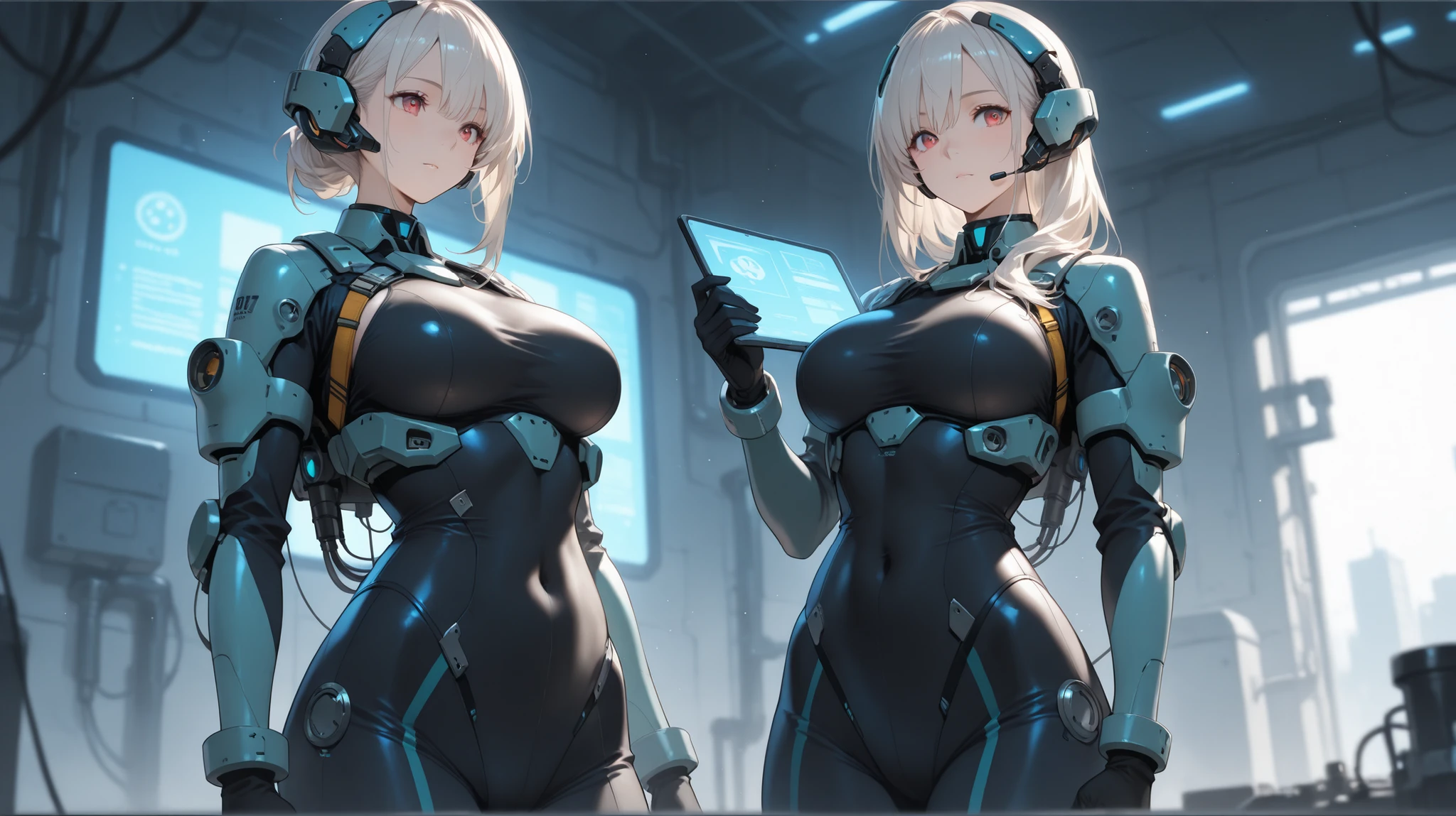 ((1 cyborg woman)),((big breasts, naked breasts, naked pussy, completely naked, blue clitoral piercing)),((standing in a room with window and futuristic sofa)),((embarrassed face)) ,((bare breasts, with lots of bubian hair, wearing a scientist's coat)),((short gray hair with Elastic, bright yellow eyes)),((facing the viewer)),holding medicine bottle,