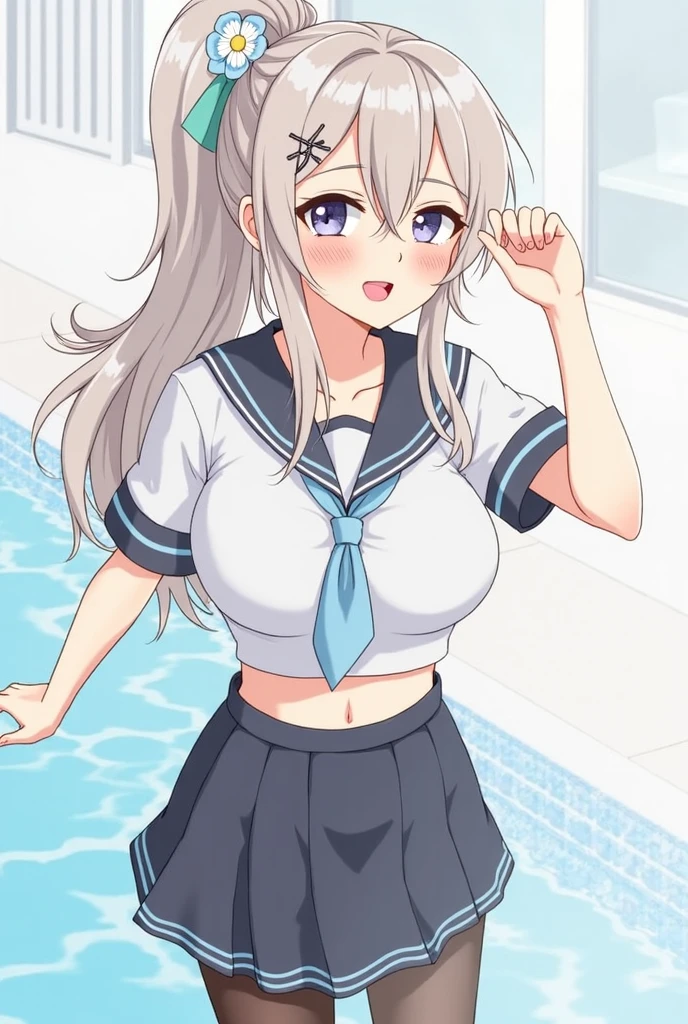 score_9, score_8_up, source_anime, asanagi, by muk \(monsieur\) BREAK, 1girl,lawine, grey hair, blue eyes, looking at viewer, slight smile, masterpiece, best quality,pool side, looking at viewer, {{{leaning forward}}}, big ass, anus, sheer high leg outfit, {{{sagging breasts}}}, wide hips, 
