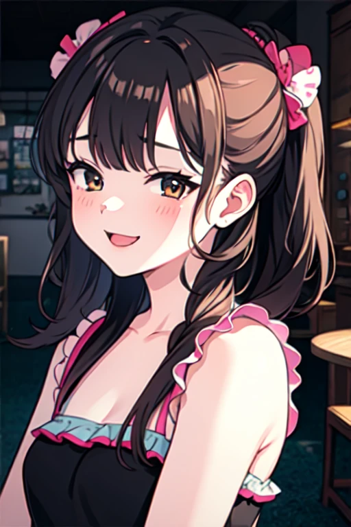 ((Tabletop, Highest quality, High resolution, , Pixel Perfect, 4K,))), 1 female teacher, single, alone, beauty、The whole body is visible、 ((Long Wavy Hair, bangs, Brown Hair)), ((Brown eyes, Beautiful eyelashes, Realistic eyes)), ((Detailed face, Blushing:1.2)), ((Smooth texture:0.75, Realistic texture:0.65, Realistic:1.1, Anime CG Style)), Big Breasts, Dynamic Angle, Perfect body, (( , , Santa Claus Cosplay Hat、 Santa Claus Cosplay Sweater,Floral lace panties 、)), 、、Very embarrassing panic smile, 、、classroom、、、、Sit on a chair、Bring your arms together、 、Angle from below)、