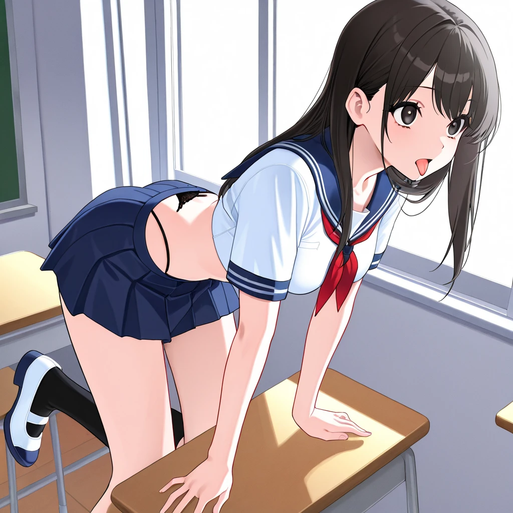 nsfw、girl standing with hands on hips、open your legs wide、sailor suit、Her white panties are fully visible through her navy blue pleated skirt.、shot from below