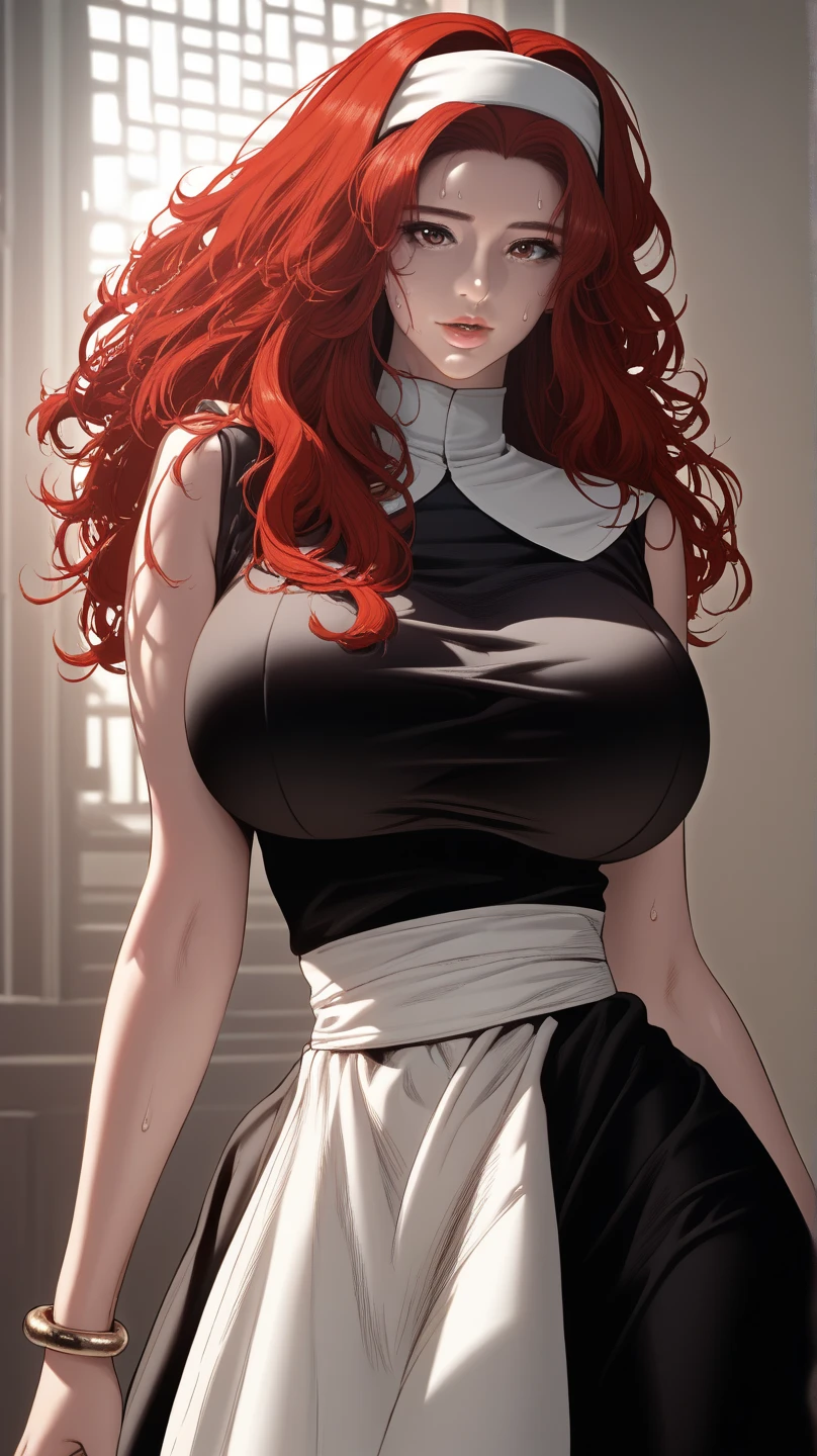adult woman, Alone, by the wide, looking at the viewer, White skin ((gold eyes, big chest:1.5, wine red hair, long curly hair, yellow eyes, white egyptian battle clothes , exercised body, Beautiful lips, seductive eyes,bright lips , annoyed, he would be