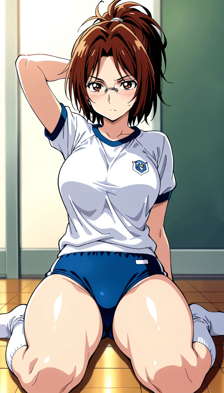masterpiece, best quality, high quality, perfect anatomy, ultra detailed, perfect design,
BREAK,
high school girl, beautiful detailed face, realistic skin, (shiny glossy skin),
BREAK,
brown eyes, ((realistic eyes)), ultra detailed eyes, beautiful high light eyes, (narrow eyes), ((droopy eyes)), (big eyes), (wide-set eyes), double eyelids, (((half closed eyes))),
BREAK,
brown hair, ((bob cut)), ((straight hair)), (medium side hair), thin hair, (swept bangs), shiny glossy hair, 
BREAK,
[happy smile], ((screaming)), tongue out, (feeling weak), (embarrassed), (nose blush),
BREAK,
((gym uniform, white shirt. navy blue bloomers)), small breasts, (bouncing breasts), (erection of nip-ples), steam, sweaty body, (wedgie), (cameltoe),
BREAK,
(lying on the bed), (((on back))), (hands up),(((spread legs))), (((legs up))), (((sole of boots))), (from above), ((looking viewer)),
BREAK,
(luxury hotel room), top light, warm light