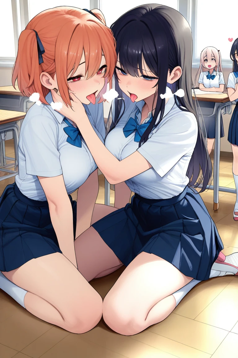 (masterpiece, best quality, ultra-detailed, high resolution, detailed eyes), {vulgar}, nsfw, takeda hiromitsu style, {{{2women}}}, school girl uniform, {both wearing pet collar}, licking penis, face focus, looking up at viewer, 1boy, (blushing:1.3), (tongue out:1.3), (drool:1.4), (breath:1.3), orgasm, sweaty skin