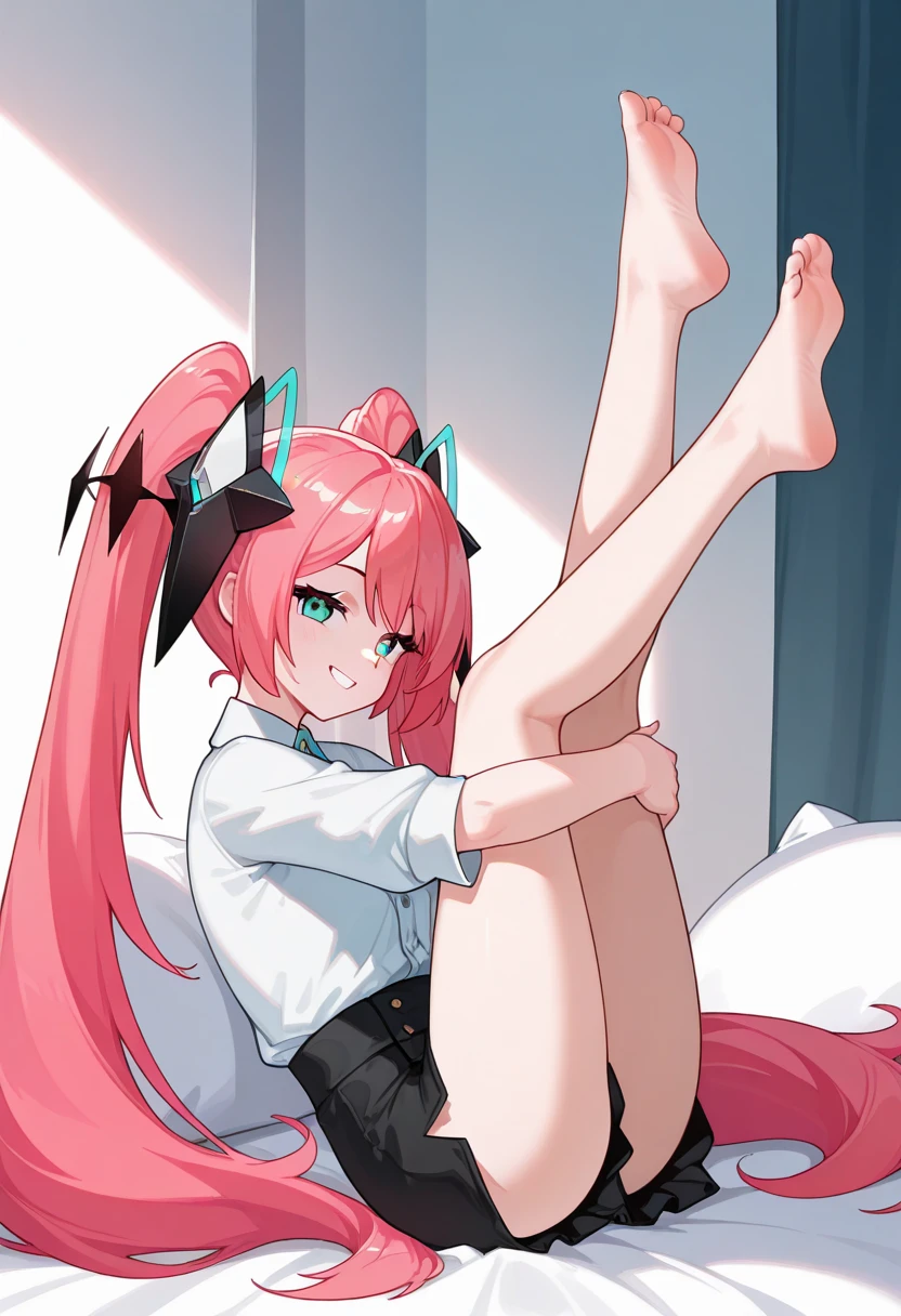(top-quality、8K、32K、masterpiece、nffsw:1.2)、((Photo of red-eyed woman with bright red hair with cute smile:1.3))、
((Horizontal twin tails tied with a black ribbon:2))、 full body Esbian、
Curly hair:1.3、Zito-order:2、large full breasts、inside in room、Look around、A smile、、(legs up:1.3)