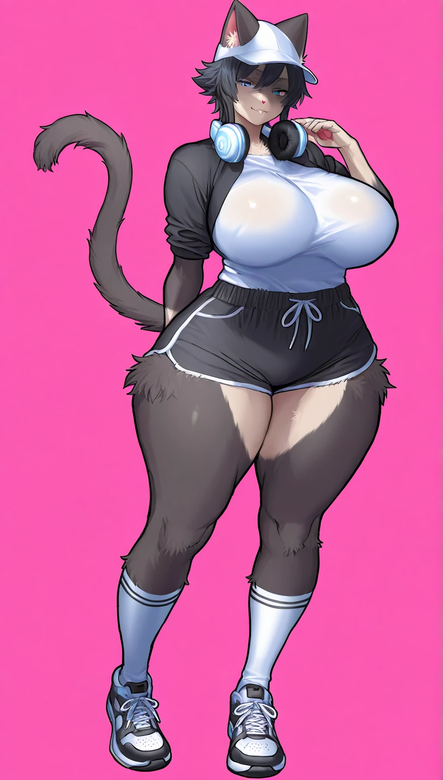 cat ears, ((1boy)), blue eyes, black hair, big short fluffy messy hair, cat tail, vibrant, HD, black shirt, black booty shorts, accurate hands, black thigh socks, smug, toned abs, no shoes, accurate legs, blush, drunk, half open eyes, (masterpiece), (HD), massive buttocks, ((NO BOOBS BECAUSE IT'S A BOY)), massive thighs, bulge, ((SFW))