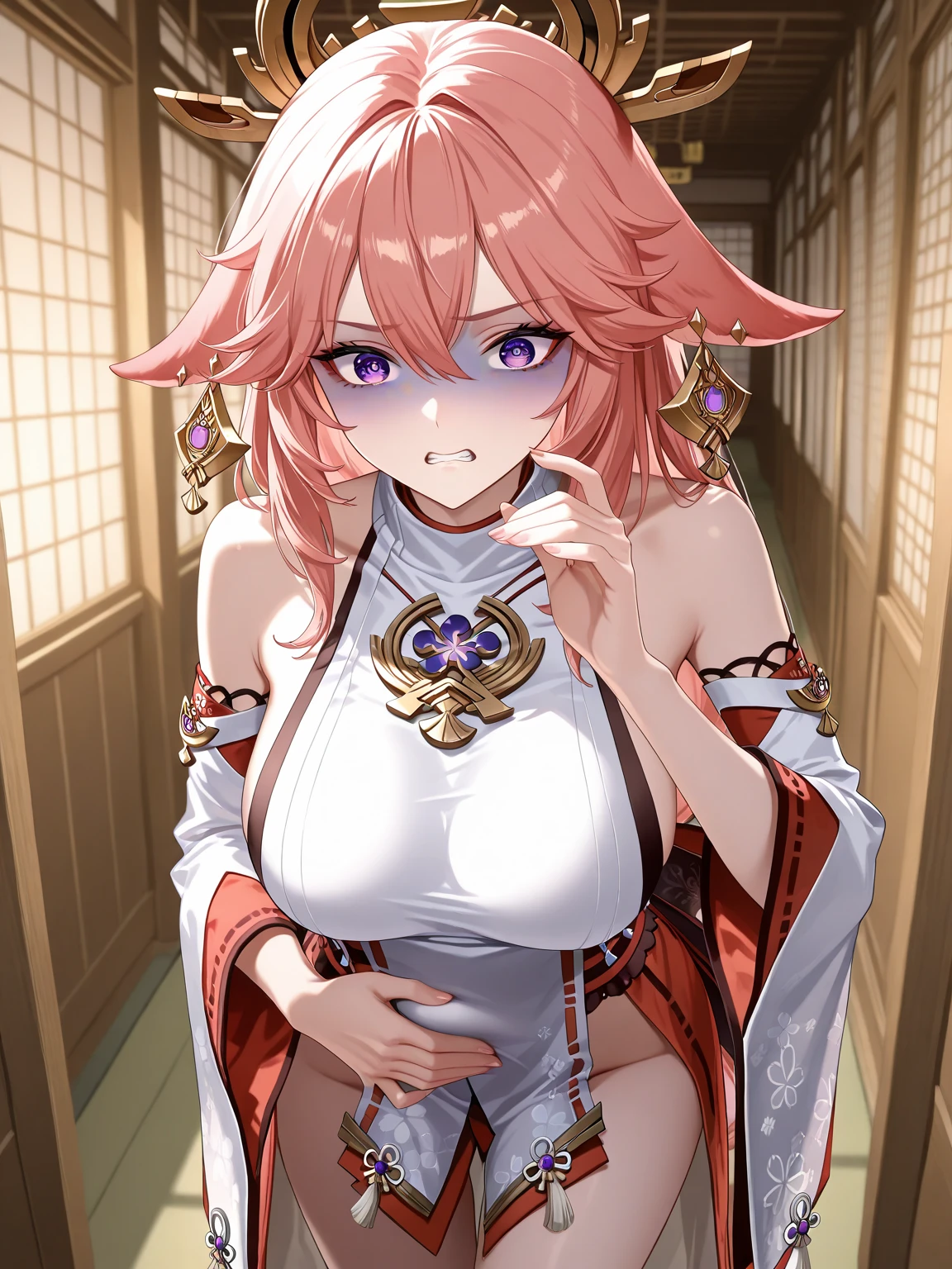 Busty girl with pink hair and exotic clothes