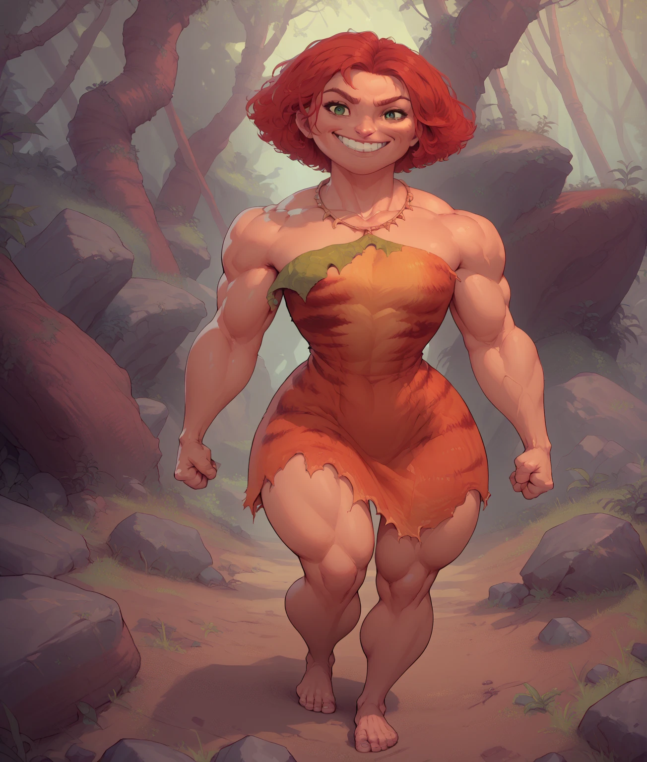 score_9,score_8_up,score_7_up,score_6_up,
eepxl,red hair,green eyes,short hair,
Dress,necklace,bare shoulders,animal print,torn clothes,cleavage,
smile,muscular,from below,thighs,
rocky forest,<lora:Eep:0.9>,