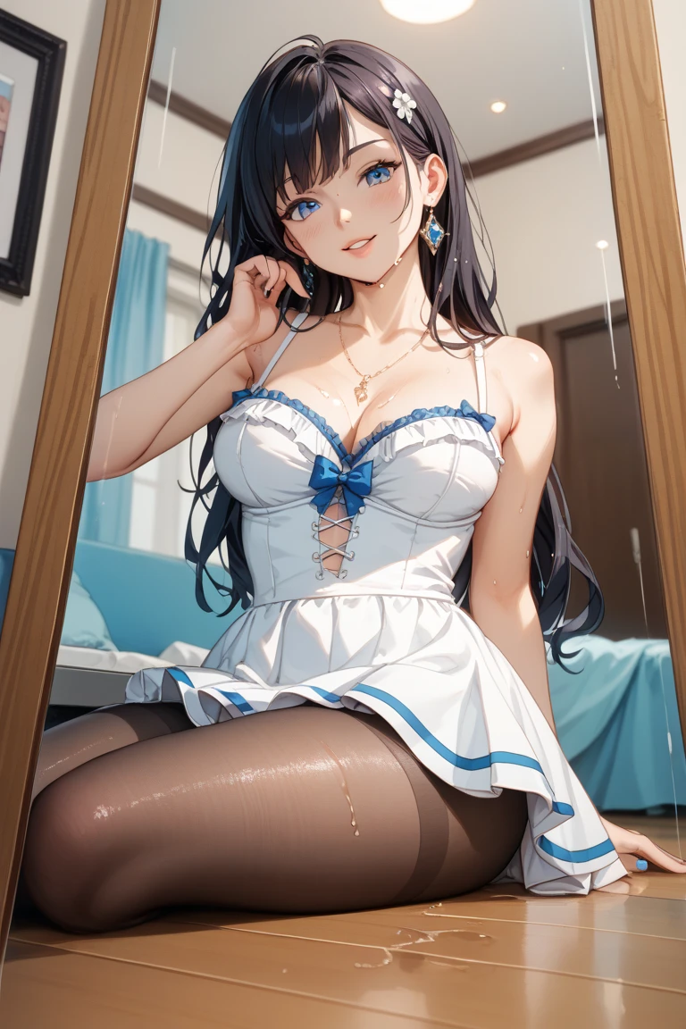 (short cute girl,small young student,young delicate girl),(masterpiece,Top quality),pastel swimwear,long black hair