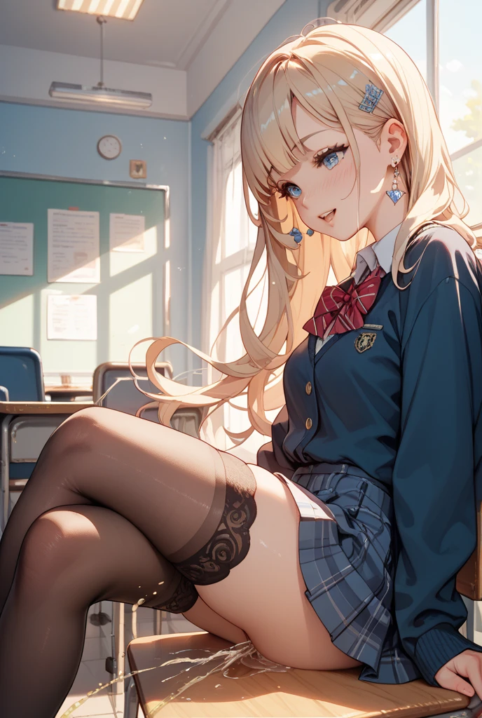 highest quality、masterpiece、((1 girl:1.5))、(())、(blush:1.5)、(smile)、((fun!!))、cute、Ahoge、(Blonde)、、high school girl、((classroom:1.5))、(single braid)、sit on the ground with your knees up、Kamimei、look at me、(No underwear:1.3)、((Shaved:1.5)), ((Red bow tie, , Black jacket, Open jacket, White cardigan, White shirt, Black Skirt, Checkered Skirt、Black socks))、 (No underwear:1.3)、((Shaved:1.5))、(highly detailed closed labia:1.5)、((Peeing is occurring:1.8))、peeing、Light blue eyes、