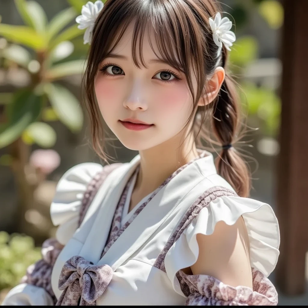1 cute girl、Cosplaying as a shrine maiden in front of a shrine、Big eyes、small breasts、brown hair、Ponytail with bangs、colorful gel background、Fractal background、perfect lighting、sharp focus、High resolution、High resolution、High color rendering、High resolution、Super realistic、photo-realistic